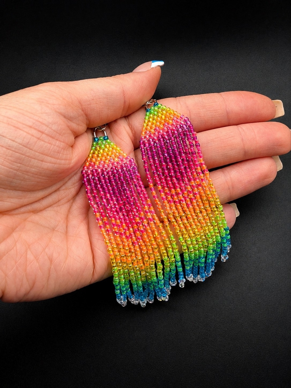 Handmade Rainbow Seed Bead Fringe Earrings - Vibrant Multicolor